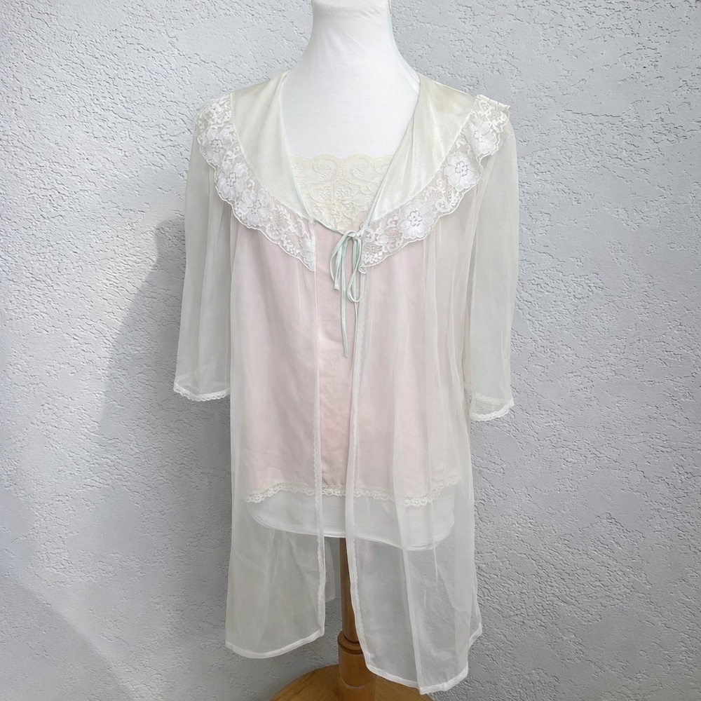 Vintage Sheer Lace Trim Robe – Soft Ivory Chiffon angelcore Fairycore